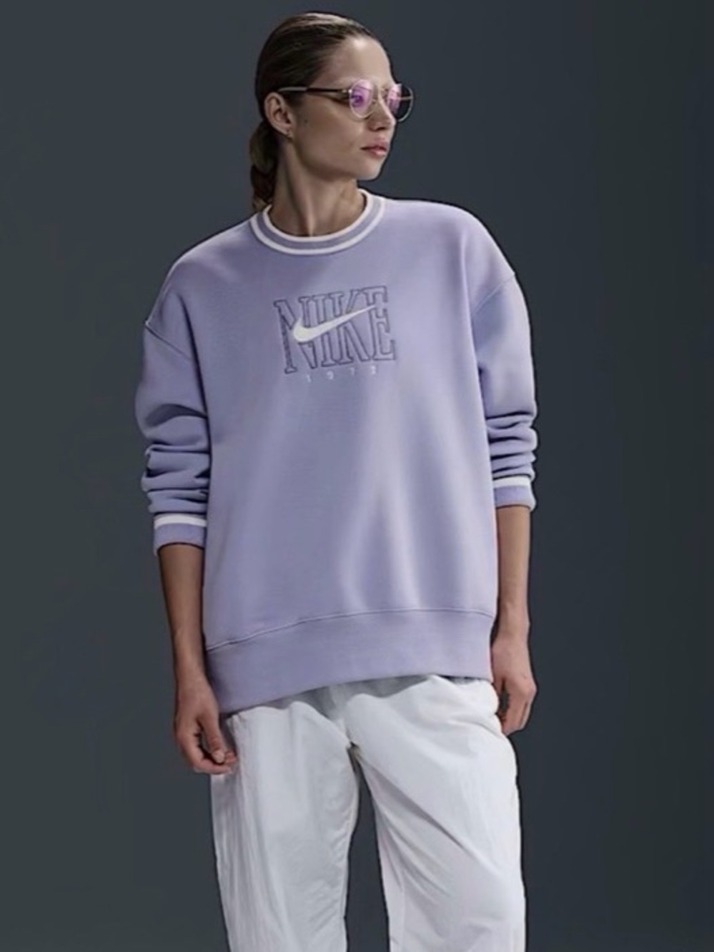 Nike Sportswear Phoenix Fleece Graphic Oversized Crew Neck Pullover in Lilac Ice
